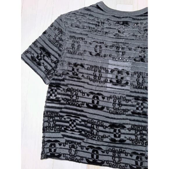 Chanel 21C Black Flocked Velvet CC Logo Top Short Sleeve Tee T Shirt S Small - Picture 12 of 16